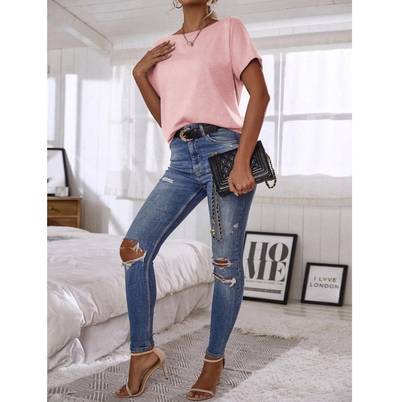 Boat Neck Batwing Sleeve Light Pink Tee Shirt Short Sleeve - Picture 3 of 8